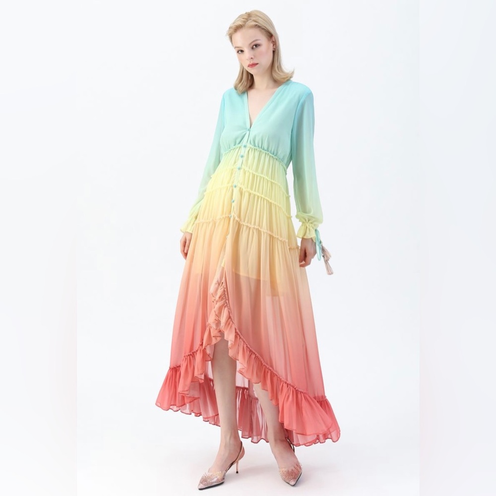 Chicwish Vacay Paradise Gradient V-neck Hi-Low Maxi Dress Ombré Rainbow Tassel